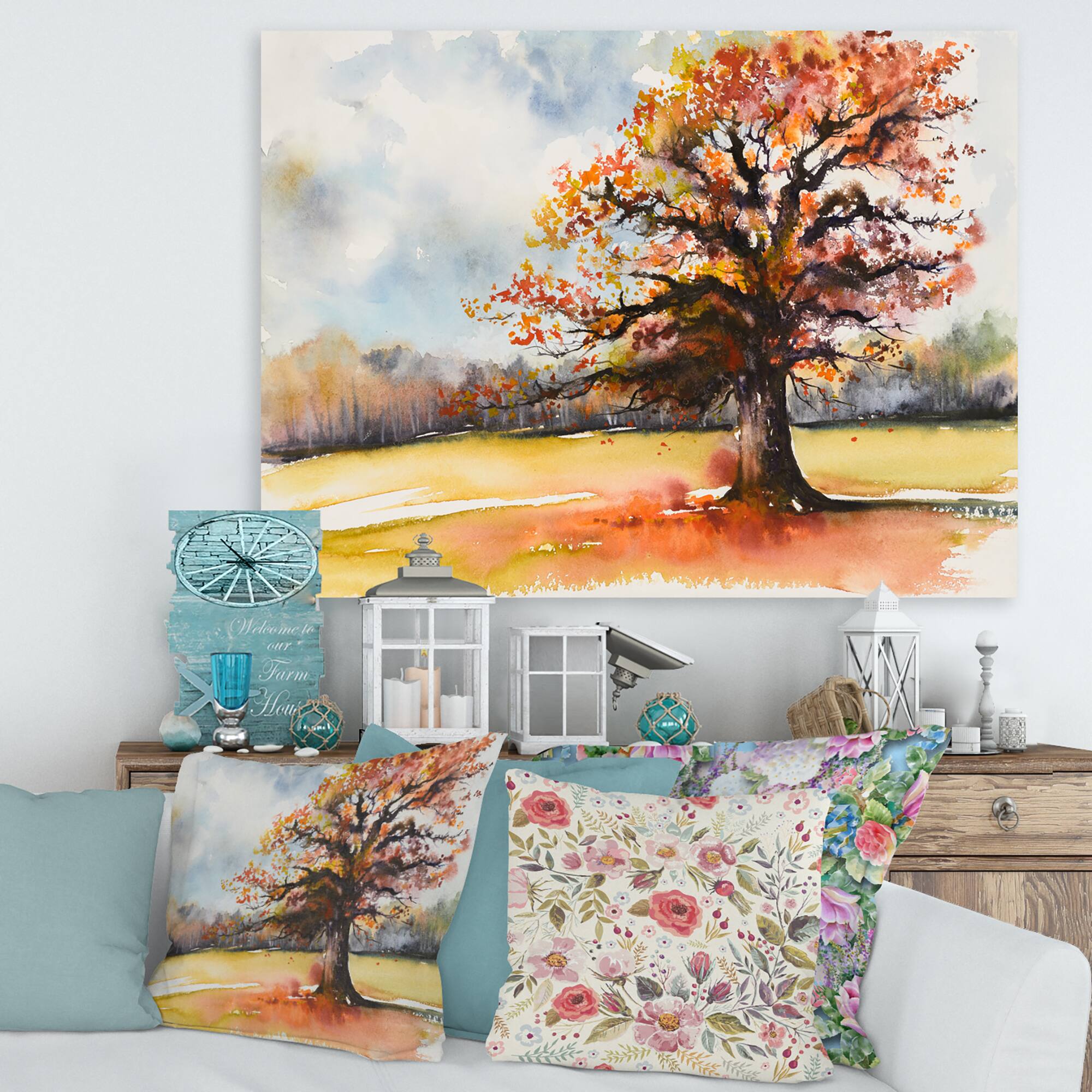 Designart - Lone Oak In The Fields With Autum Leaves